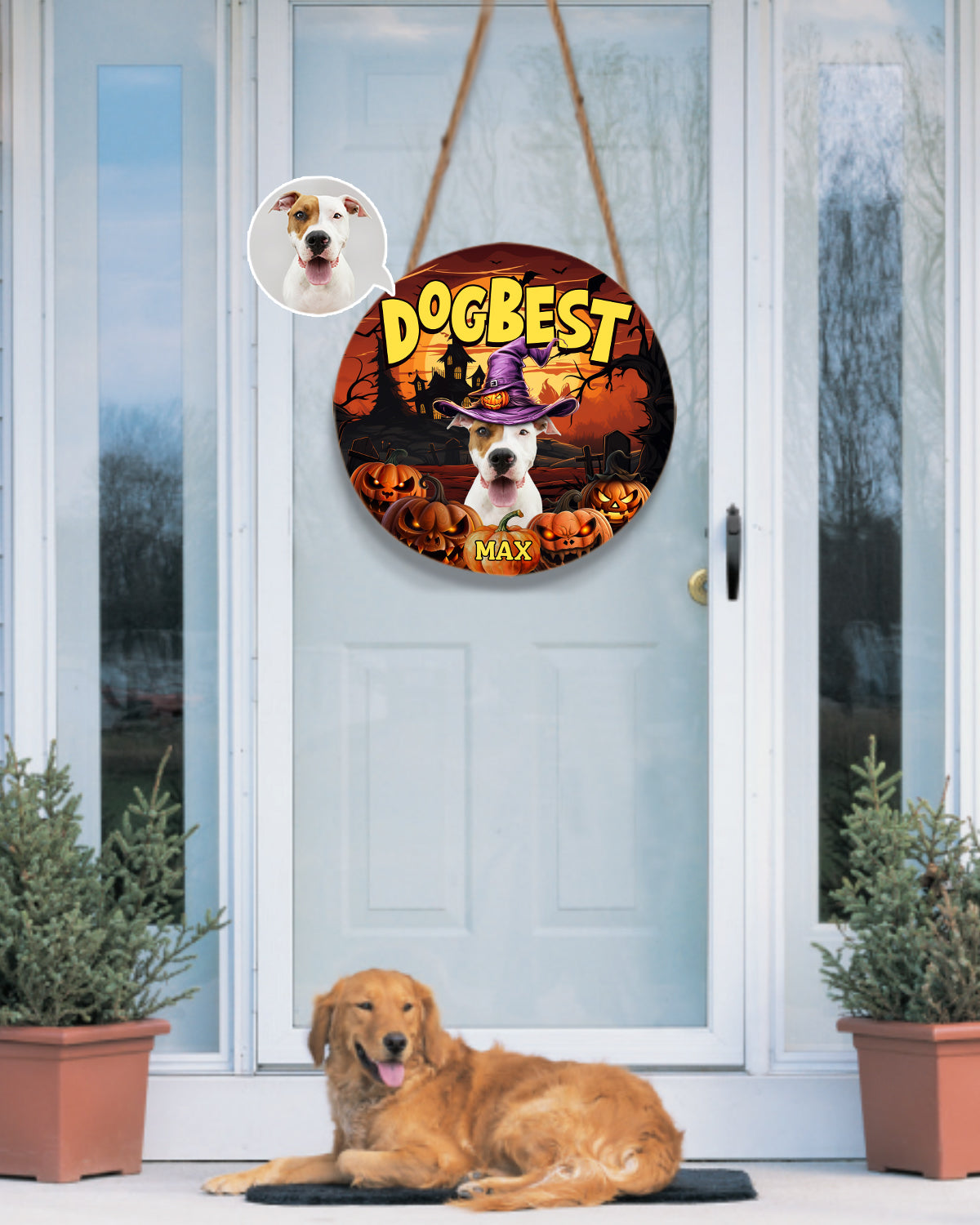 Personalized Pet Photo Door Hanger, "Dogbest" Dog Halloween Round Wooden Sign, Pet Halloween Round Sign