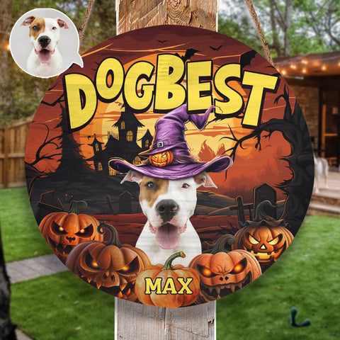 Image of Personalized Pet Photo Door Hanger, "Dogbest" Dog Halloween Round Wooden Sign, Pet Halloween Round Sign