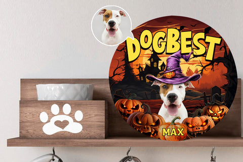 Image of Personalized Pet Photo Door Hanger, "Dogbest" Dog Halloween Round Wooden Sign, Pet Halloween Round Sign