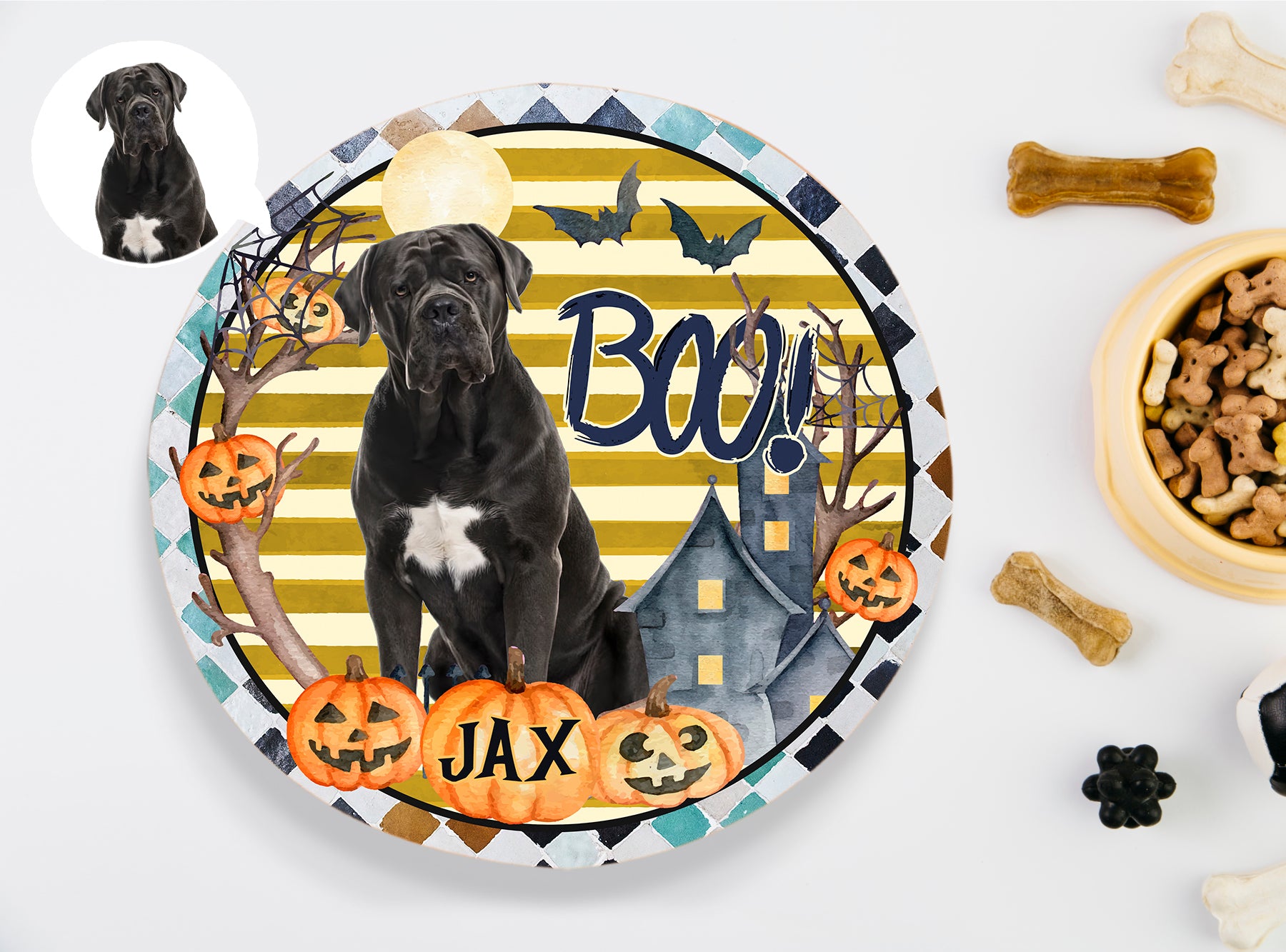 Personalized Pet Photo Door Hanger, Halloween BOO Dog Cat Round Wooden Sign, Pet Halloween Round Sign