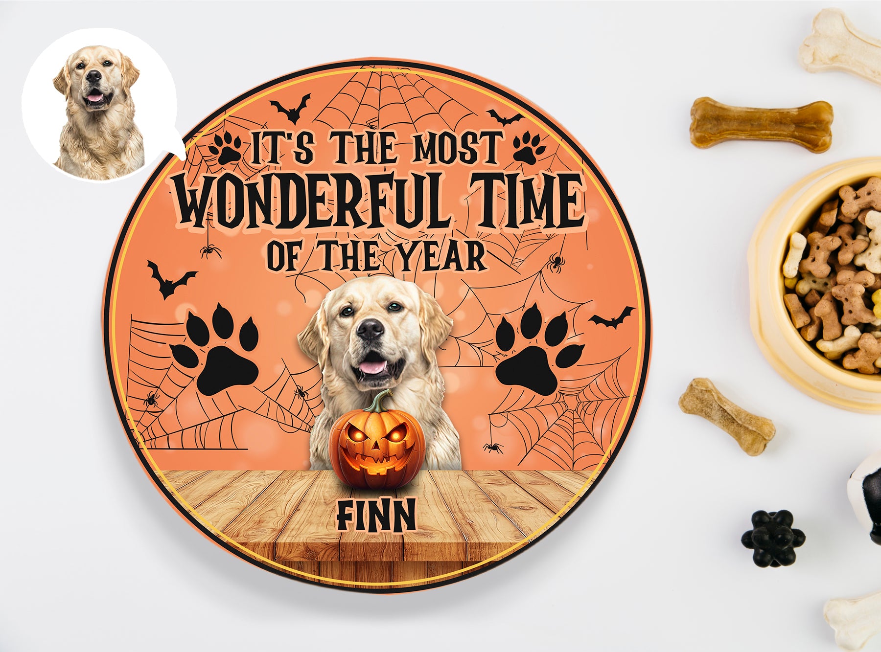 Personalized Pet Photo Door Hanger, Halloween It's The Most Wonderful Time Of The Year Dog Cat Round Wooden Sign