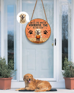 Personalized Pet Photo Door Hanger, Halloween It's The Most Wonderful Time Of The Year Dog Cat Round Wooden Sign