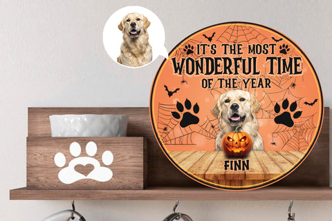 Image of Personalized Pet Photo Door Hanger, Halloween It's The Most Wonderful Time Of The Year Dog Cat Round Wooden Sign