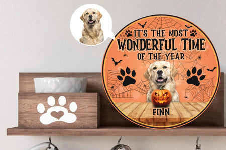 Personalized Pet Photo Door Hanger, Halloween It's The Most Wonderful Time Of The Year Dog Cat Round Wooden Sign