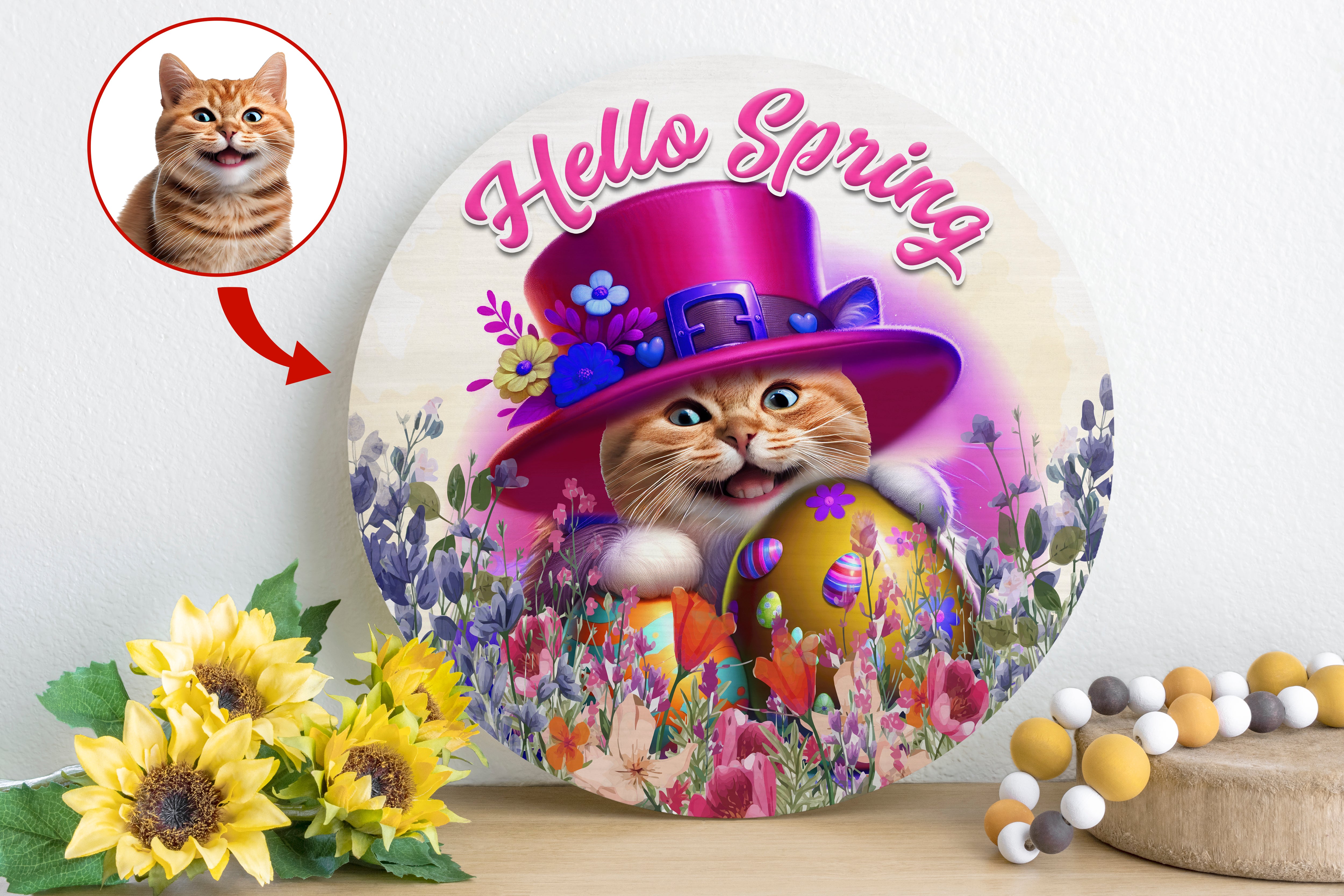 Personalized Pet Photo Door Hanger, "Hello Spring" Dog Cat Round Wooden Sign