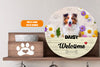 Personalized Pet Photo Door Hanger, "Welcome" Flower Spring Dog Cat Round Wooden Sign