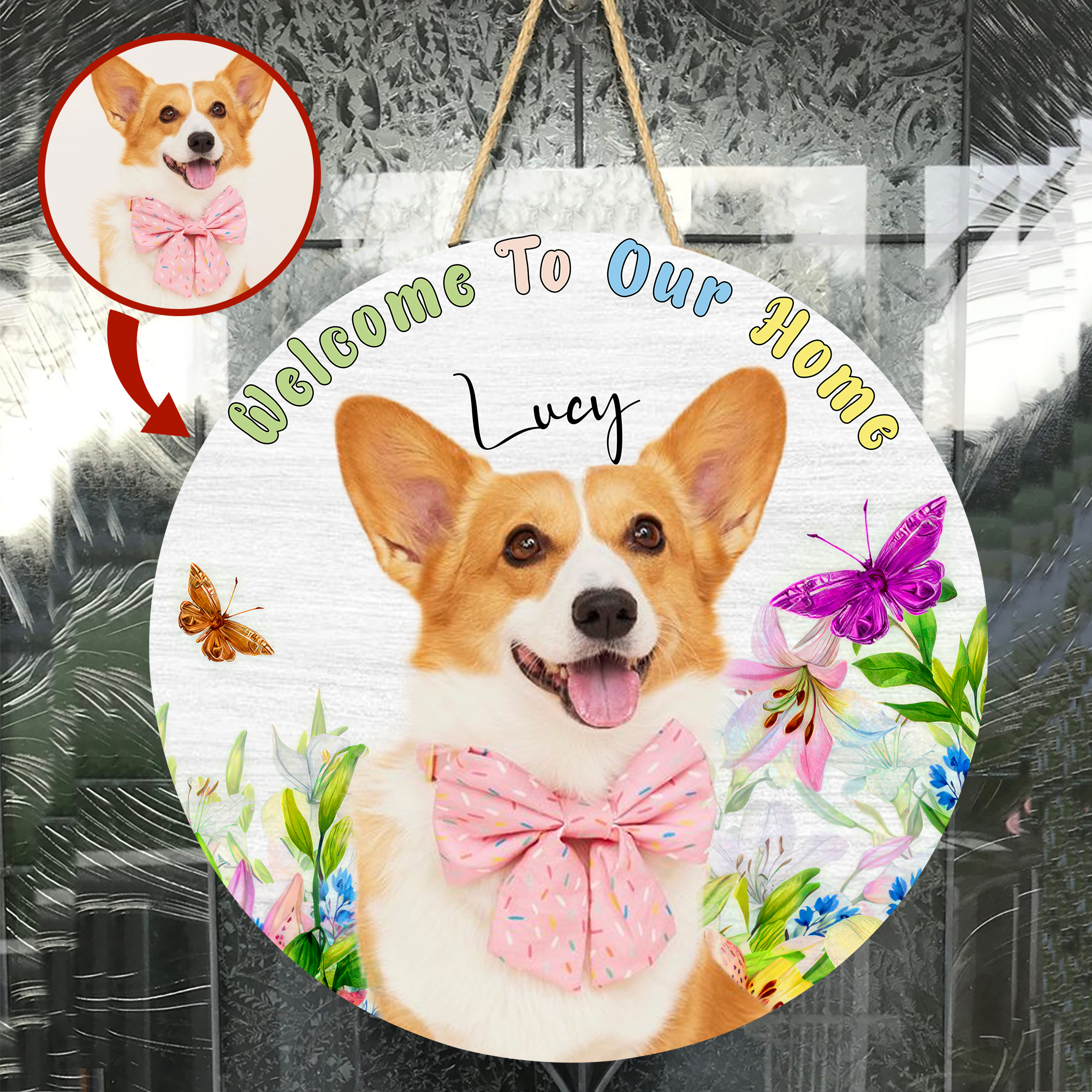 Personalized Pet Photo Door Hanger, "Welcome To Our Home" Spring Dog Cat Round Wooden Sign