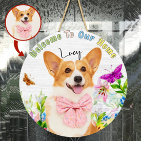 Personalized Pet Photo Door Hanger, "Welcome To Our Home" Spring Dog Cat Round Wooden Sign