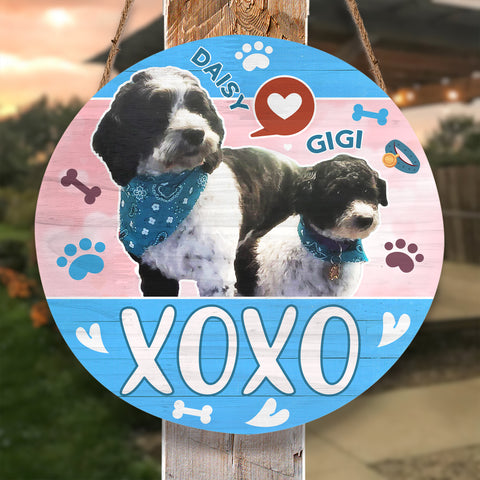 Image of Personalized Pet Door Hanger, Valentine XOXO 2 PETS Round Sign, Custom Name & Pet Photo Sign, Door Sign