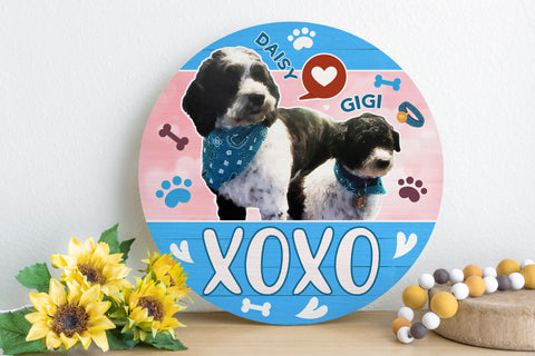 Image of Personalized Pet Door Hanger, Valentine XOXO 2 PETS Round Sign, Custom Name & Pet Photo Sign, Door Sign