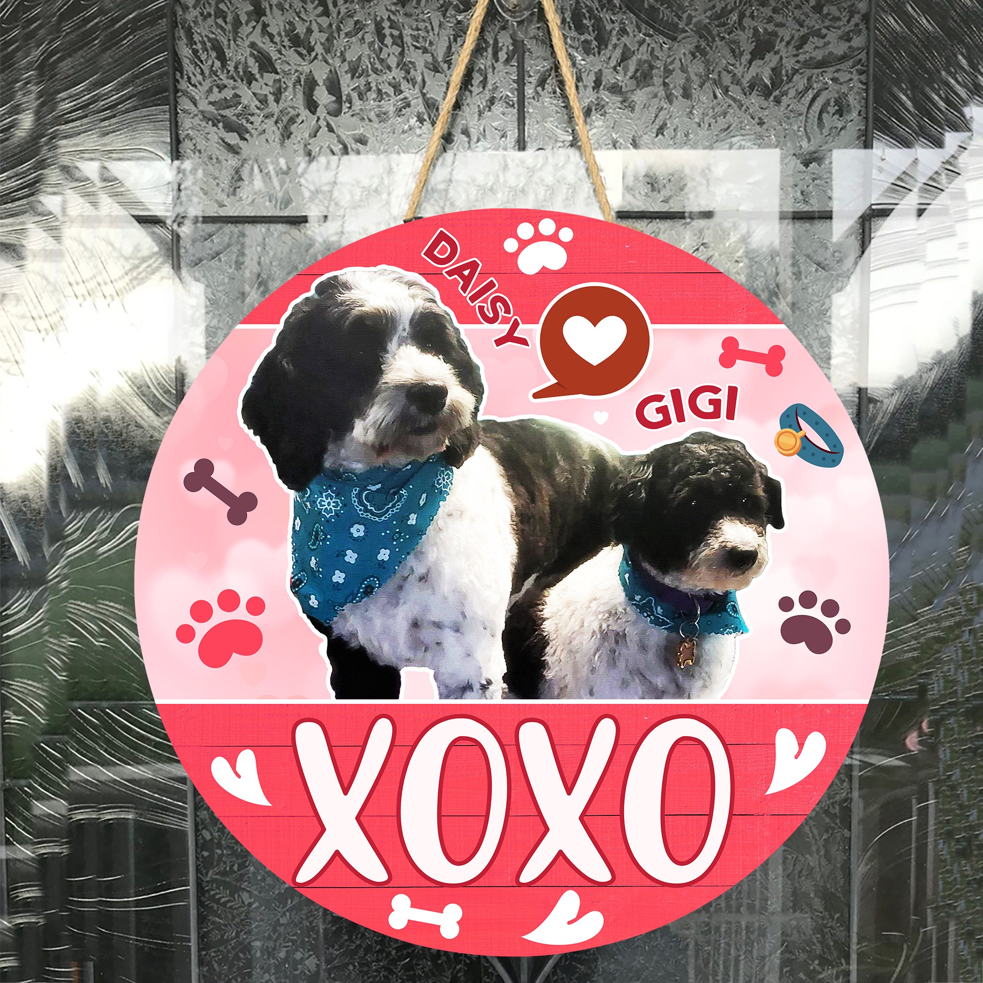 Personalized Pet Door Hanger, Valentine XOXO 2 PETS Round Sign, Custom Name & Pet Photo Sign, Door Sign