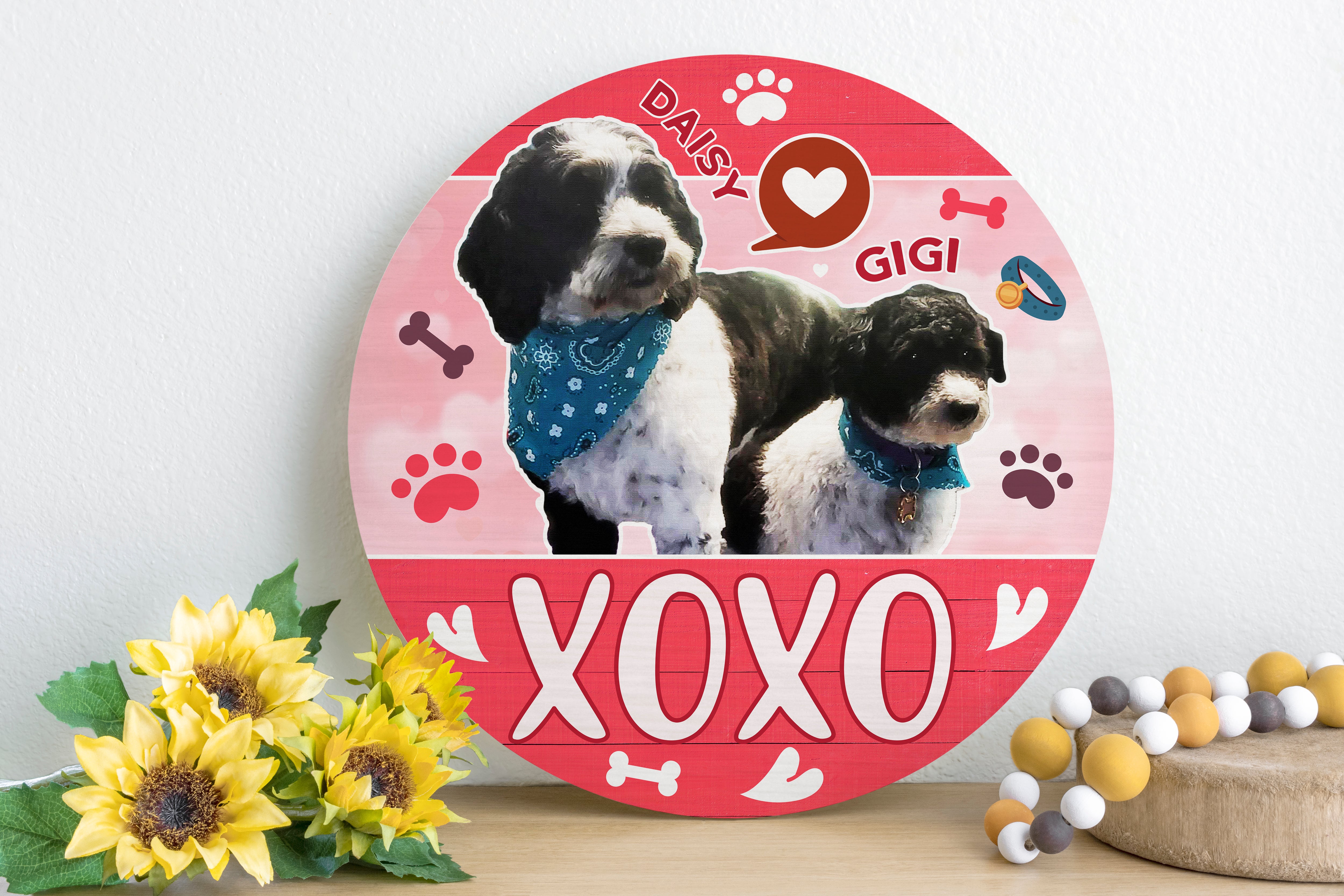 Personalized Pet Door Hanger, Valentine XOXO 2 PETS Round Sign, Custom Name & Pet Photo Sign, Door Sign
