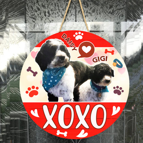 Image of Personalized Pet Door Hanger, Valentine XOXO 2 PETS Round Sign, Custom Name & Pet Photo Sign, Door Sign