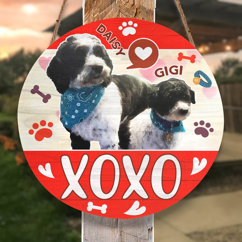 Image of Personalized Pet Door Hanger, Valentine XOXO 2 PETS Round Sign, Custom Name & Pet Photo Sign, Door Sign