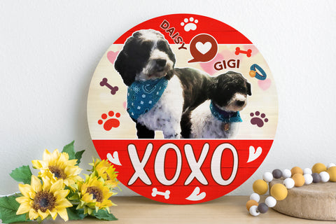 Image of Personalized Pet Door Hanger, Valentine XOXO 2 PETS Round Sign, Custom Name & Pet Photo Sign, Door Sign