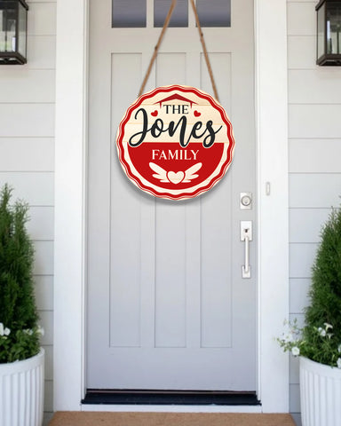 Image of Personalized Valentine Door Hanger, Welcome Family Name Valentine Round Sign, Custom Family Name Sign, Door Sign