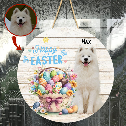 Personalized Pet Photo Door Hanger, "Happy Easter" Dog Cat Round Wooden Sign
