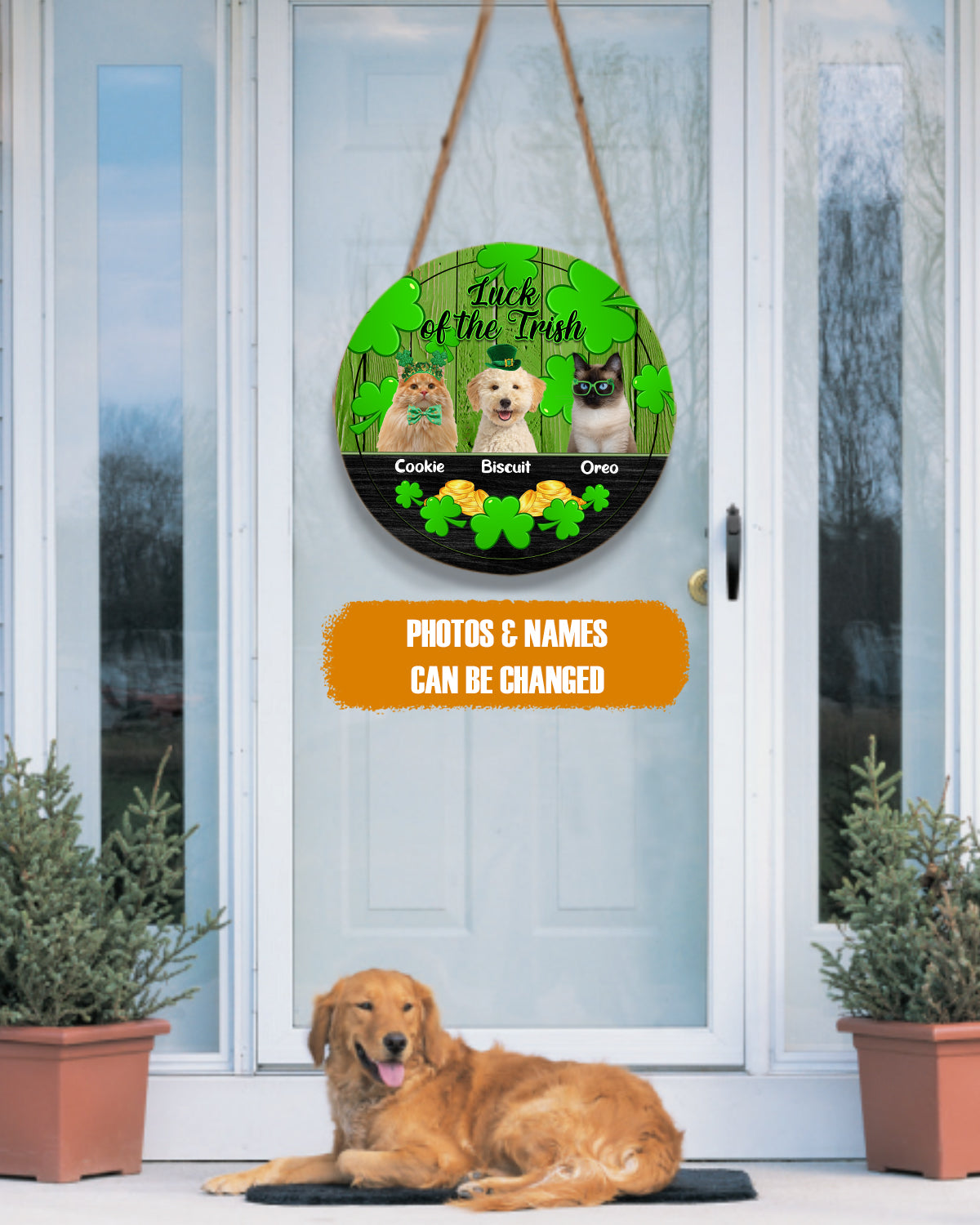 Personalized Pet Photo Door Hanger, Luck Of The Irish Three Dogs Cats Custom Name Round Wooden Sign