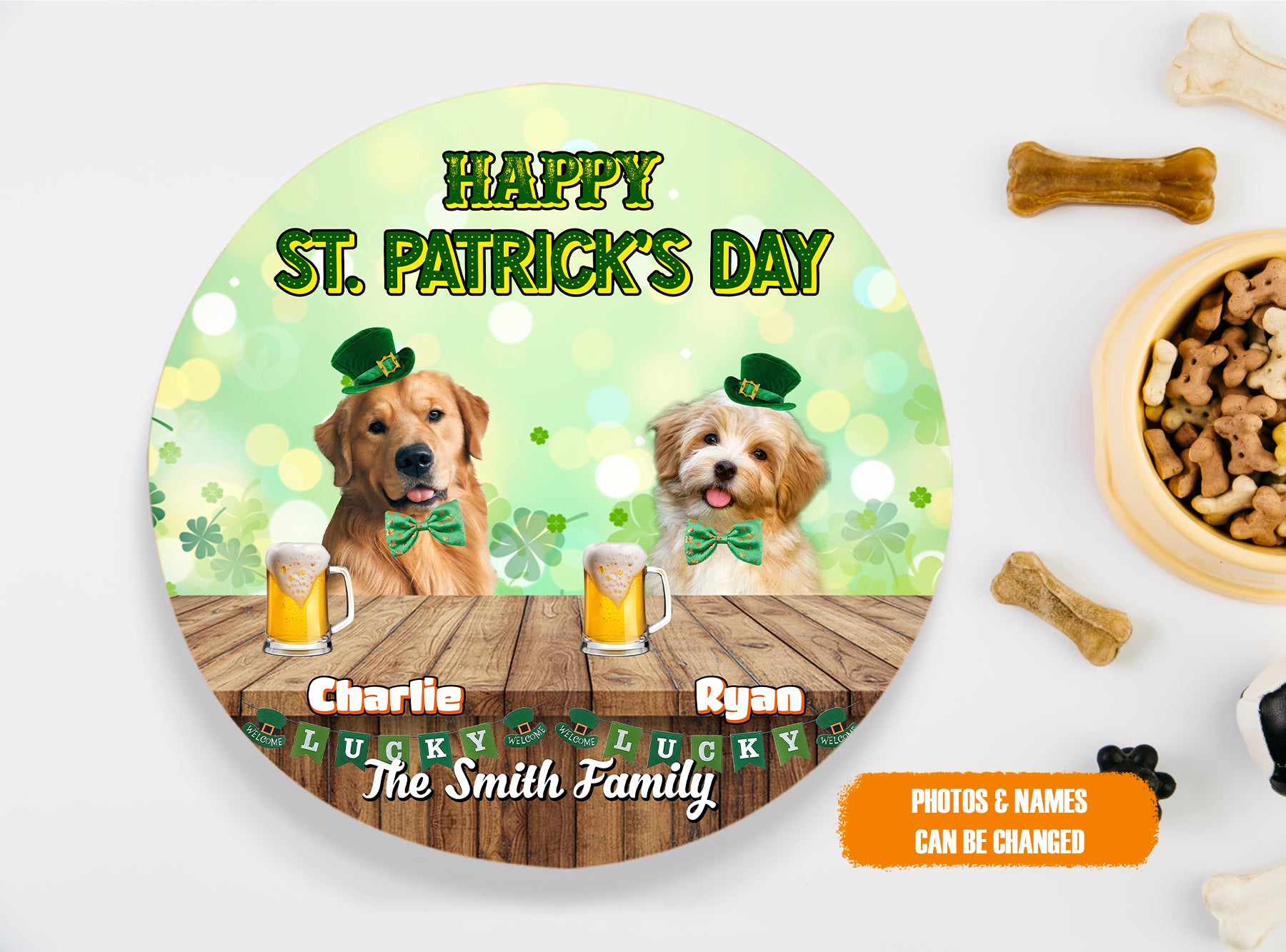 Personalized Pet Photo Door Hanger, Happy St. Patrick's Day Custom Family Name Round Wooden Sign