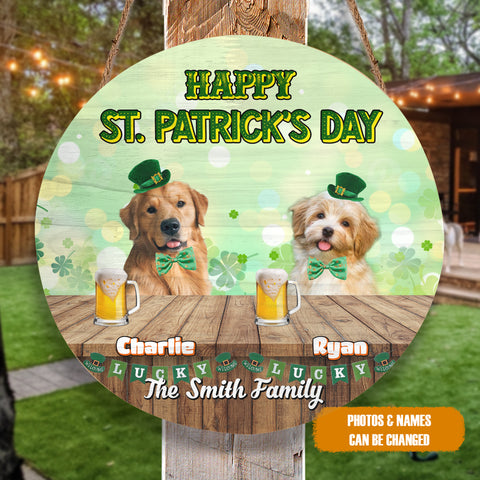 Image of Personalized Pet Photo Door Hanger, Happy St. Patrick's Day Custom Family Name Round Wooden Sign