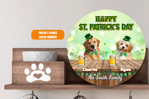 Image of Personalized Pet Photo Door Hanger, Happy St. Patrick's Day Custom Family Name Round Wooden Sign