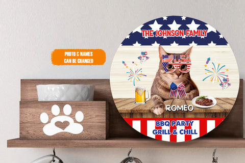 Image of Personalized Pet Photo Door Hanger, BBQ Party Grill & Chill Dog Cat Round Wooden Sign, Pet 4th Of July Gifts