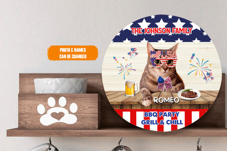 Personalized Pet Photo Door Hanger, BBQ Party Grill & Chill Dog Cat Round Wooden Sign, Pet 4th Of July Gifts