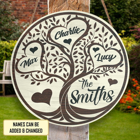 Image of Personalized Family Door Hanger, Family Tree Name Round Wooden Sign, Custom Family Name Sign, Welcome Door Sign