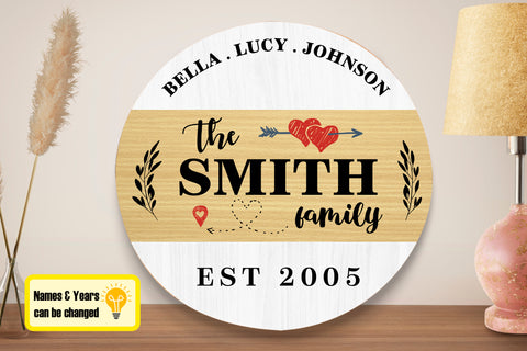 Image of Personalized Family Name Door Hanger, Custom Name Wood Sign, Round Wooden Door Hanger, Front Door Sign