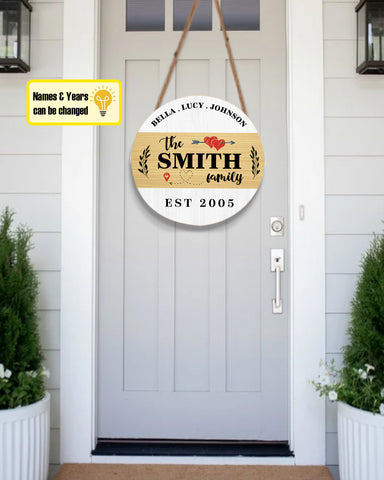 Image of Personalized Family Name Door Hanger, Custom Name Wood Sign, Round Wooden Door Hanger, Front Door Sign