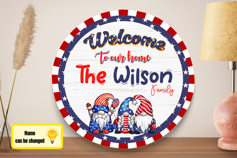 Image of Personalized Fourth Of July Door Hanger, Welcome Independence Day Round Sign, Custom Family Name Sign, Patriotic Door Sign