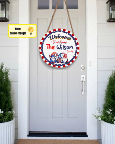 Image of Personalized Fourth Of July Door Hanger, Welcome Independence Day Round Sign, Custom Family Name Sign, Patriotic Door Sign