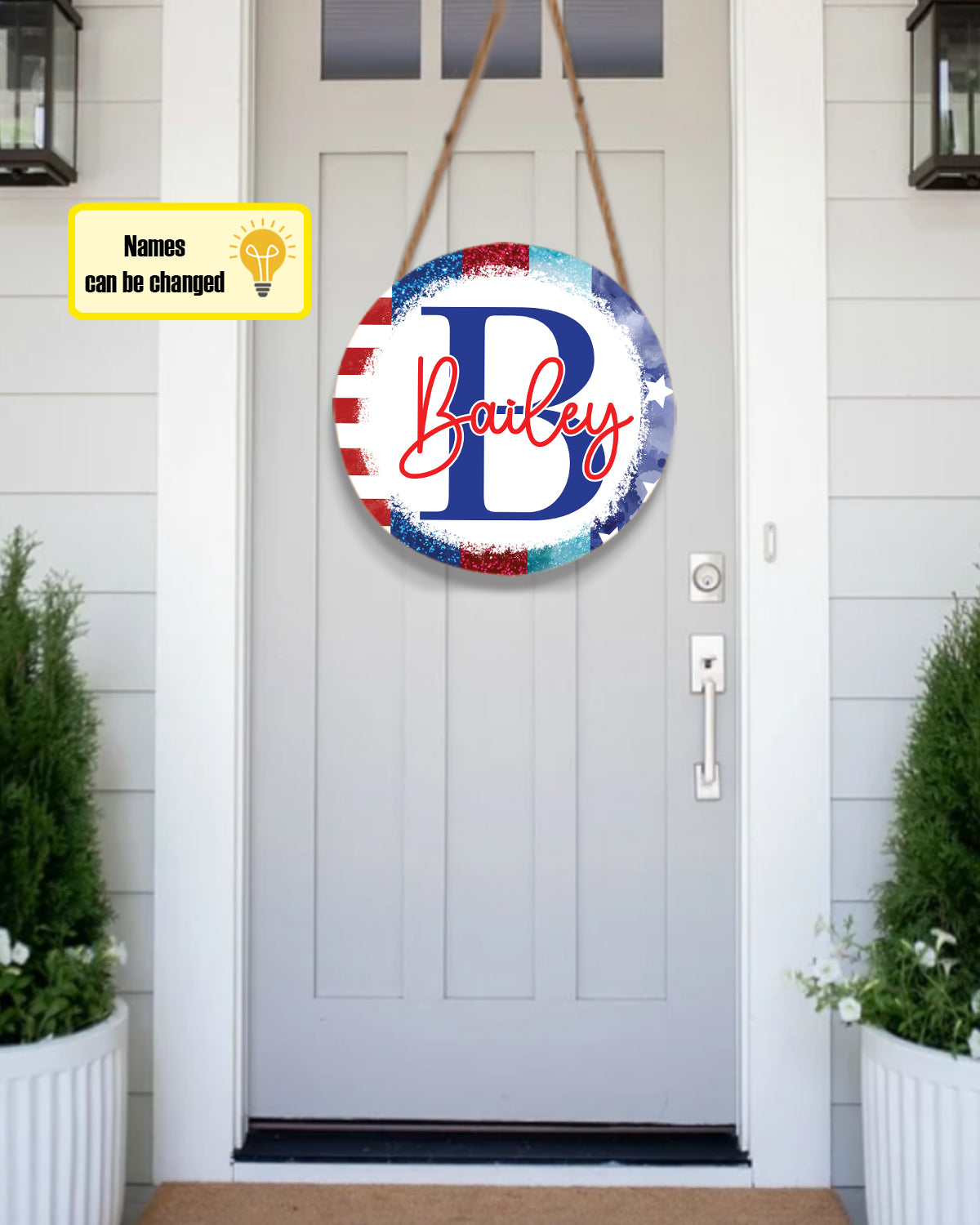 Personalized Fourth Of July Door Hanger, Family Name And Initial Door Sign, Patriotic Custom Last Name Sign, Housewarming Gifts