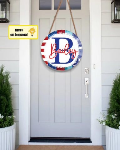 Image of Personalized Fourth Of July Door Hanger, Family Name And Initial Door Sign, Patriotic Custom Last Name Sign, Housewarming Gifts