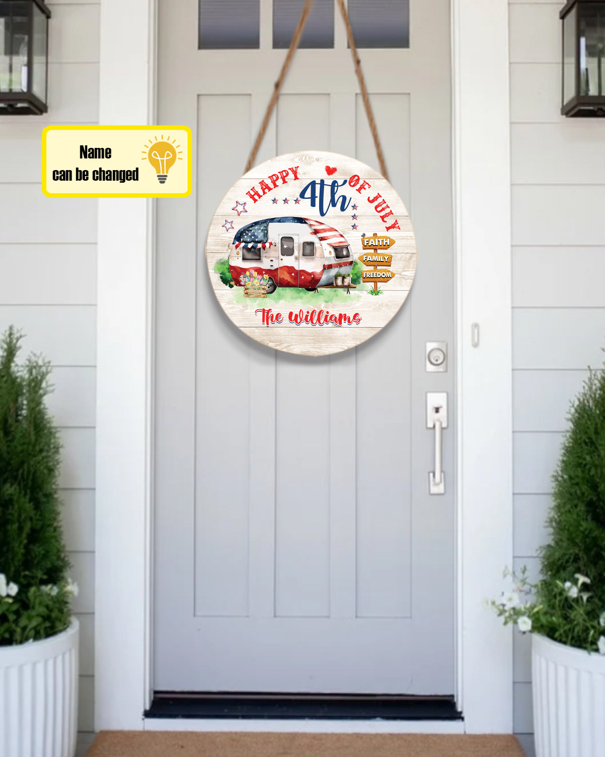 Personalized 4th Of July Campers Door Hanger, Family Independence Day Door Sign, Custom Family Campers Sign, Housewarming Gifts