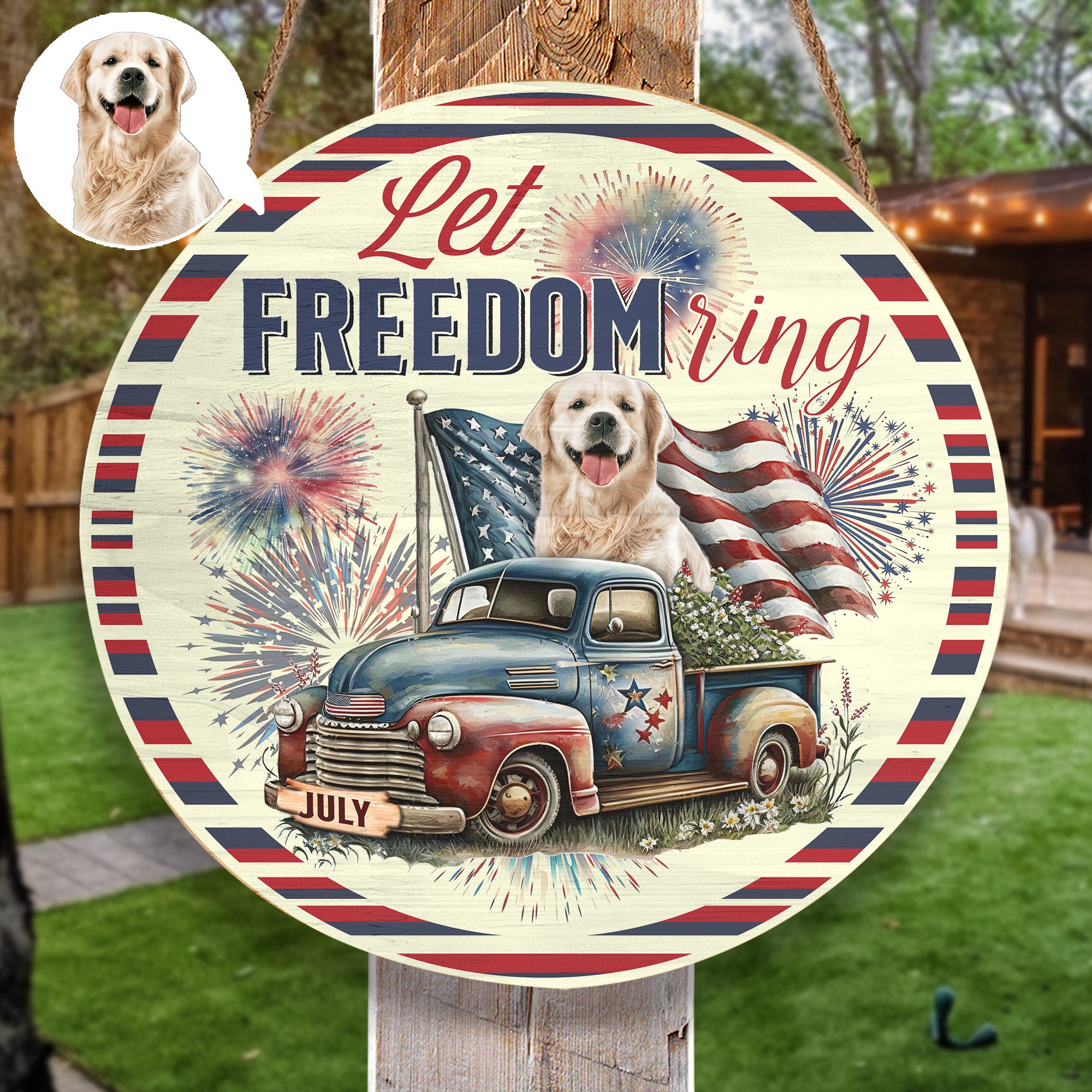 Personalized Pet Photo Door Hanger, Let Freedom Ring Dog Cat Round Wooden Sign, Pet 4th Of July Round Sign