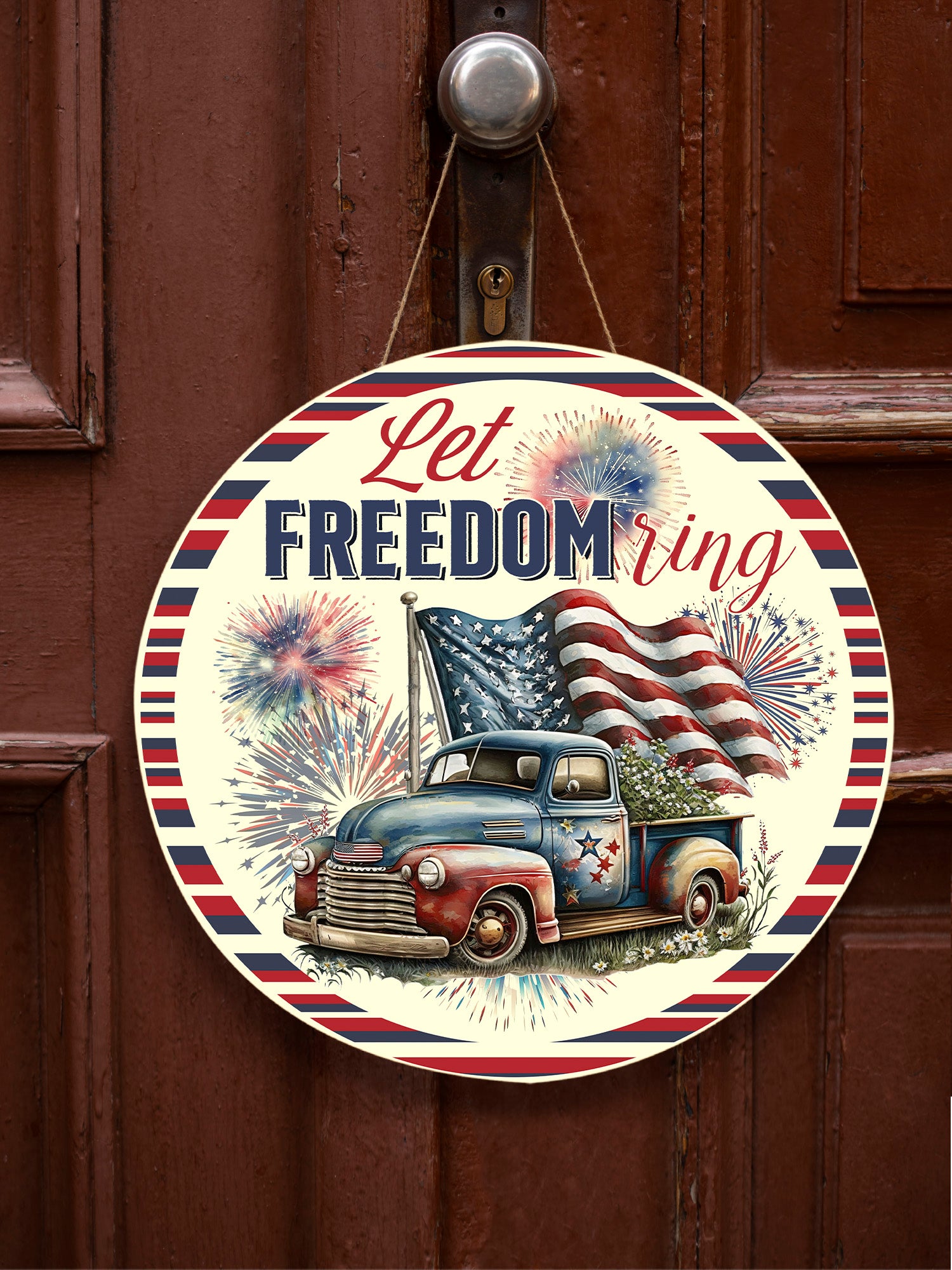 Personalized Door Hanger, Let Freedom Ring Fourth Of July Round Sign, USA Flag Patriotic Door Sign