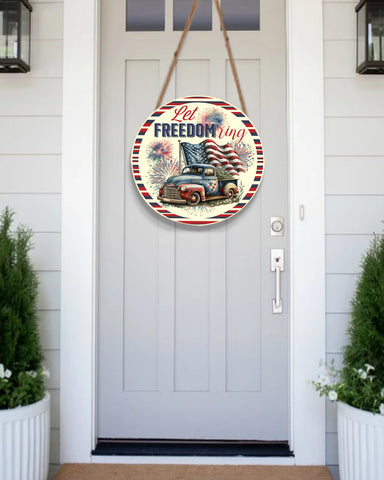 Image of Personalized Door Hanger, Let Freedom Ring Fourth Of July Round Sign, USA Flag Patriotic Door Sign