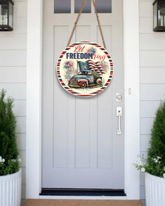 Personalized Door Hanger, Let Freedom Ring Fourth Of July Round Sign, USA Flag Patriotic Door Sign