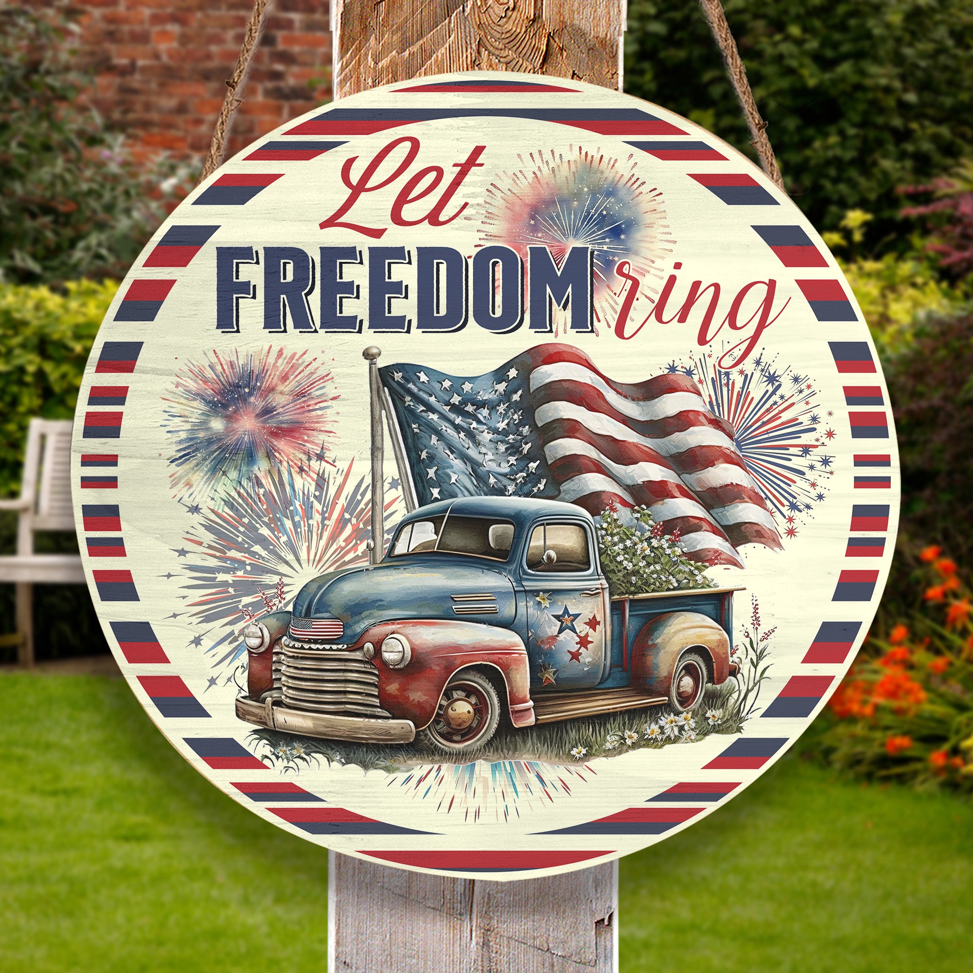 Personalized Door Hanger, Let Freedom Ring Fourth Of July Round Sign, USA Flag Patriotic Door Sign