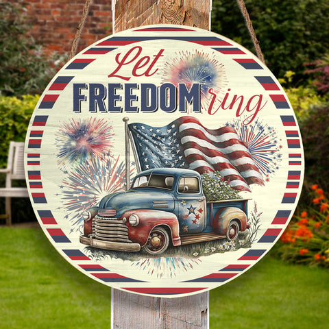 Image of Personalized Door Hanger, Let Freedom Ring Fourth Of July Round Sign, USA Flag Patriotic Door Sign