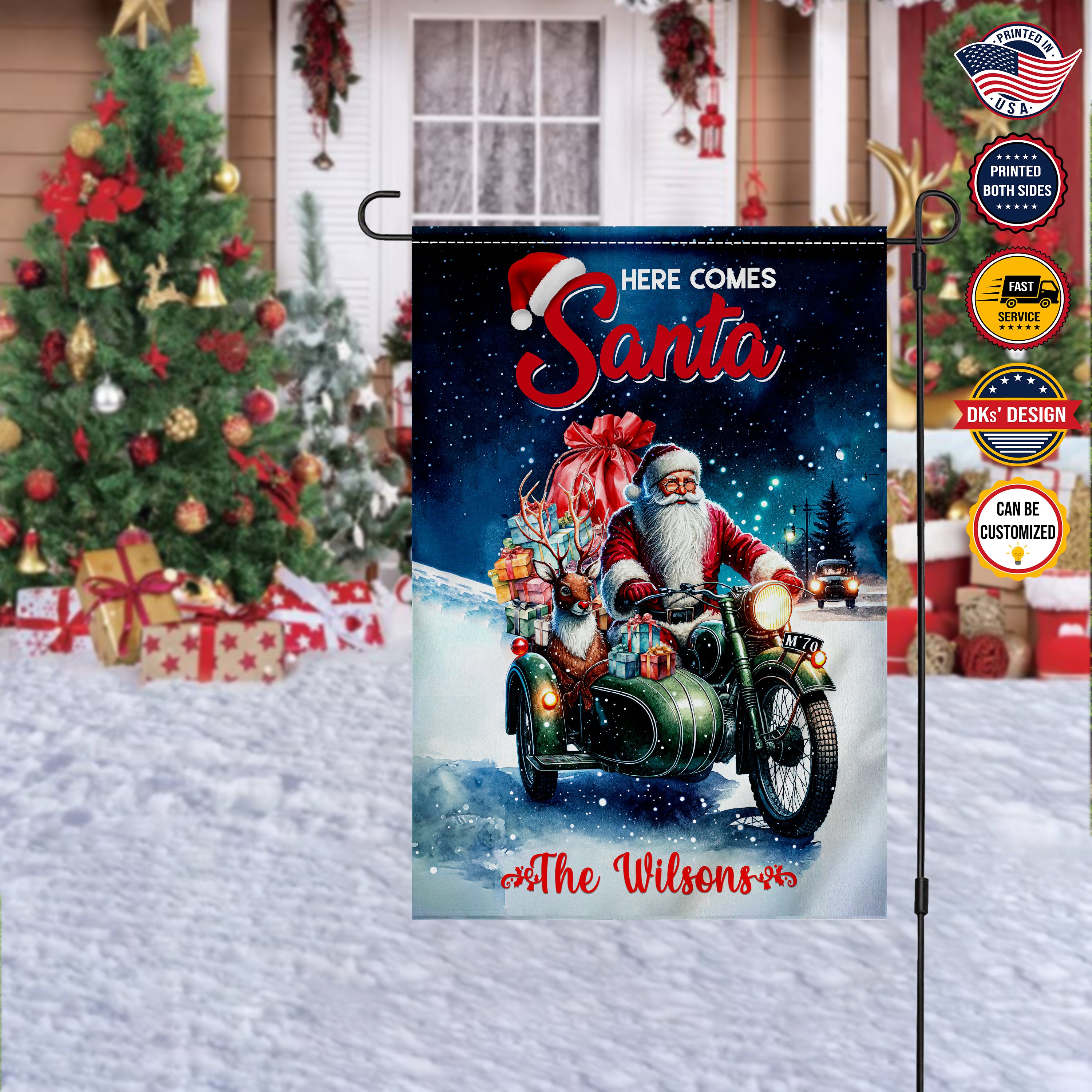 Personalized Christmas Flag, Custom Double Side Santa Rides Here Comes Santa Garden Flag, House Flag, Christmas Gift