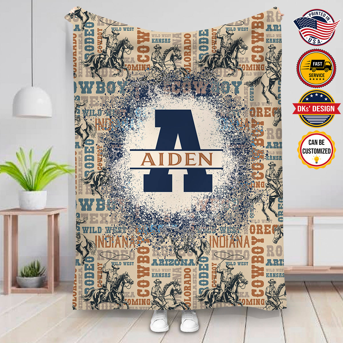 Personalized Cowboy Blanket, Initial Cowboy Wild West Custom Name Blanket, Birthday Blanket, Message Blanket, Birthday Gift, Gift For Son