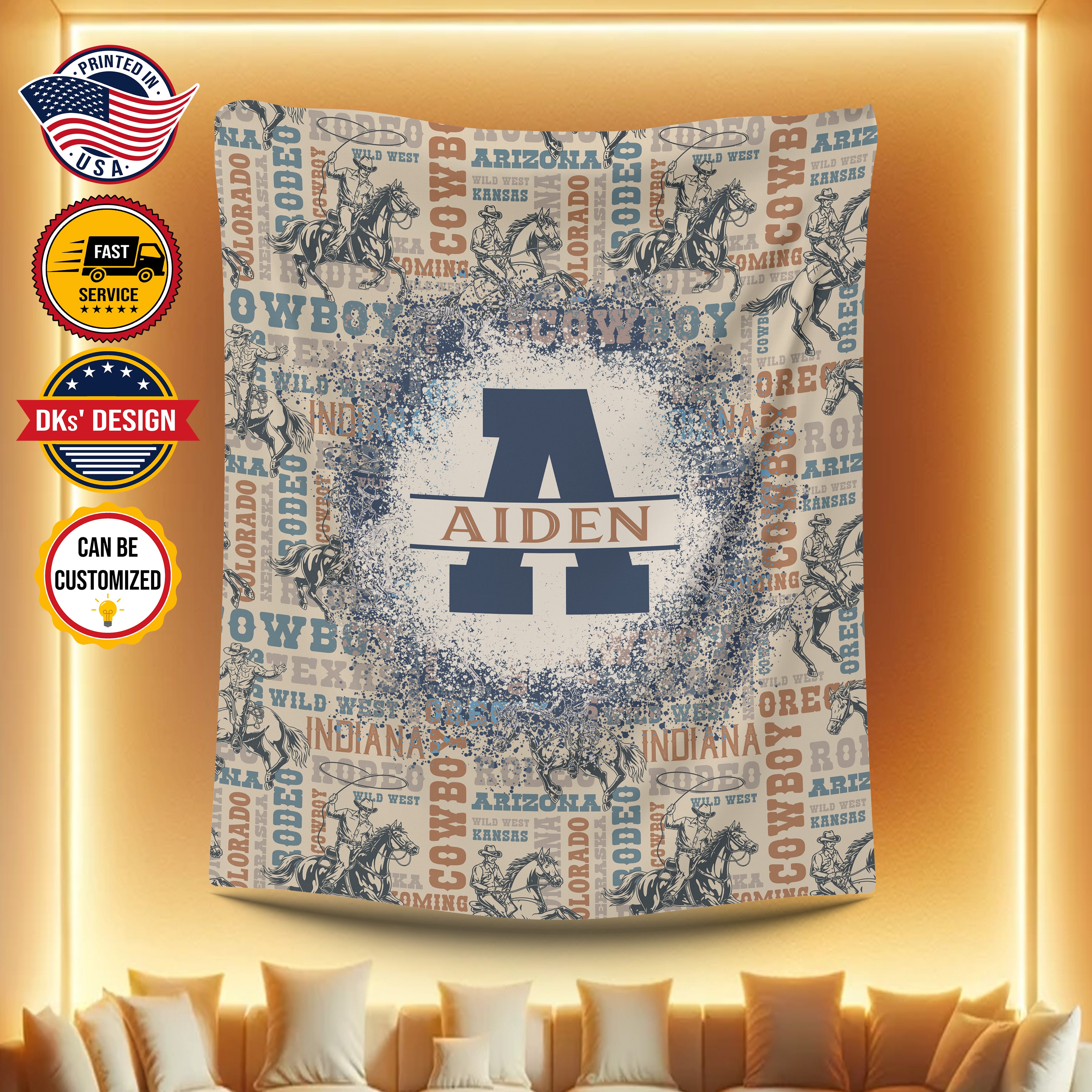 Personalized Cowboy Blanket, Initial Cowboy Wild West Custom Name Blanket, Birthday Blanket, Message Blanket, Birthday Gift, Gift For Son