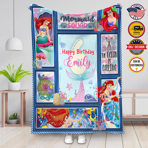 Image of USA Printed Custom Birthday Blanket | Mermaid Birthday Girl Custom Name Blanket, Girl Blanket, Personalized Princess Blanket, Mermaid Blanket for Girl, Message Blanket, Gift For Daughter, Birthday Gifts