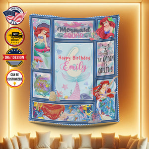 USA Printed Custom Birthday Blanket | Mermaid Birthday Girl Custom Name Blanket, Girl Blanket, Personalized Princess Blanket, Mermaid Blanket for Girl, Message Blanket, Gift For Daughter, Birthday Gifts