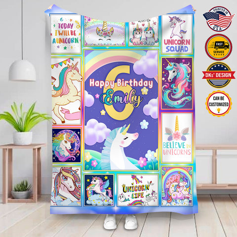 Image of Personalized Unicorn Happy Birthday Girl Custom Name Blanket, Girl Blanket, Unicorn Blanket for Girls, Message Blanket, Gift For Daughter