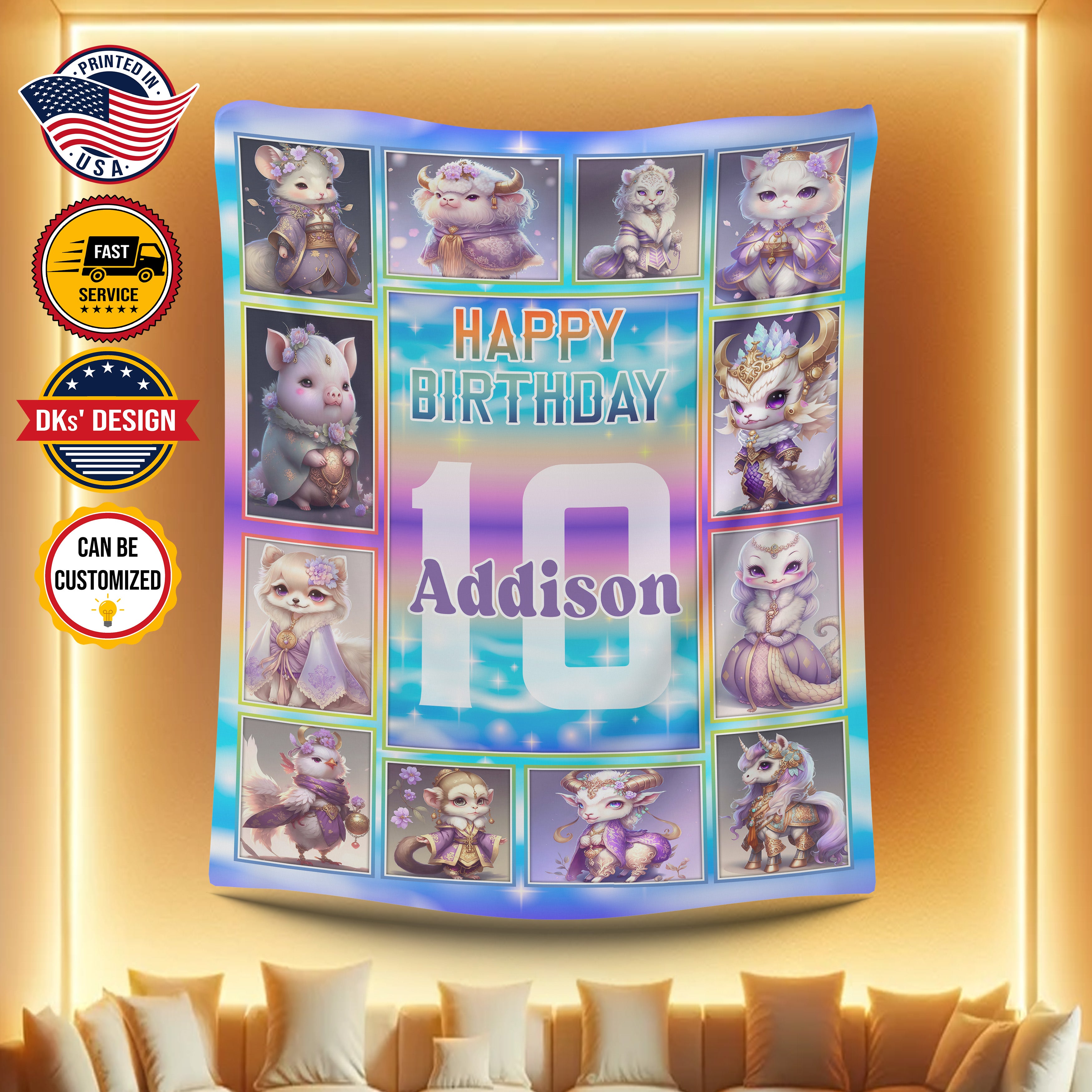 Personalized Birthday Kid Animal Doll Custom Name Blanket, Doll Blanket, Happy Birthday Blanket, Birthday Gift, Baby Shower Gift