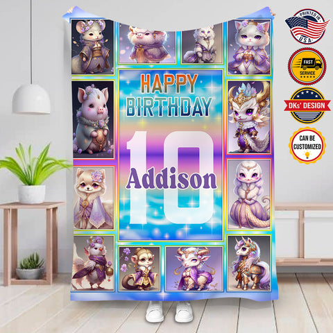 Image of Personalized Birthday Kid Animal Doll Custom Name Blanket, Doll Blanket, Happy Birthday Blanket, Birthday Gift, Baby Shower Gift