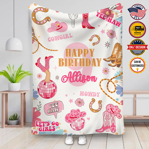 Image of Personalized Cowboy Blanket, Happy Birthday Cowgirl Yeehaw Custom Name Blanket, Cowgirl Blanket, Blanket for Girl, Gift For Daughter for Girl